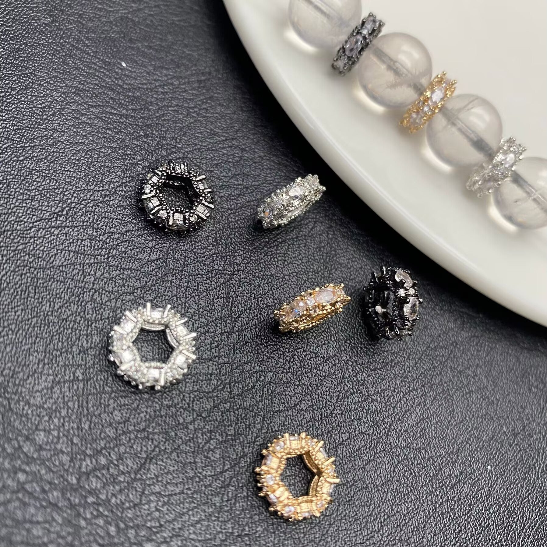 Zircon spacers, DIY 14k crystal bracelet/jewelry accessory, diamond-encrusted beads, trendy Instagram style.