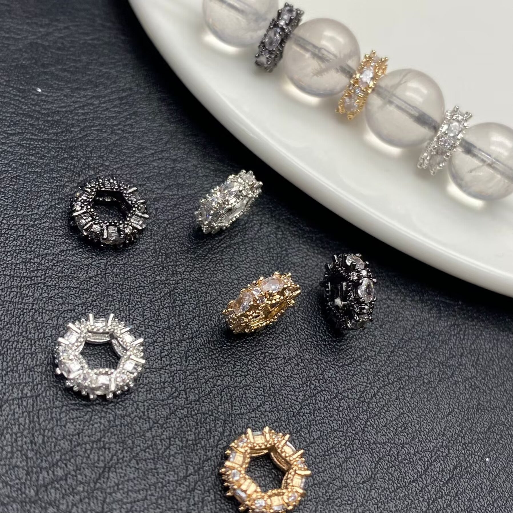 Zircon spacers, DIY 14k crystal bracelet/jewelry accessory, diamond-encrusted beads, trendy Instagram style.
