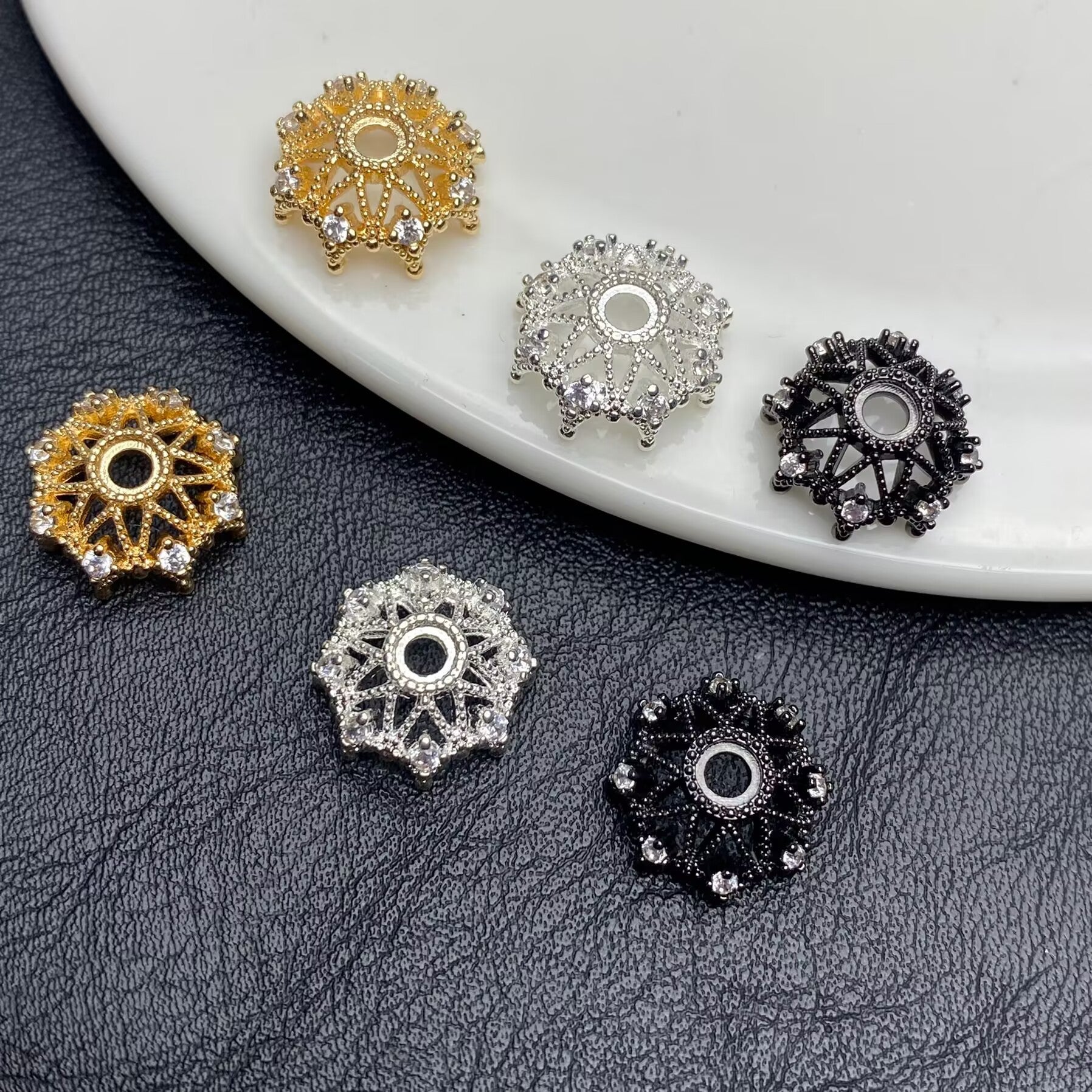 14k gold-plated copper with zircon inlay, openwork floral setting, handmade DIY pearl bracelet, necklace, beaded jewelry, crystal.